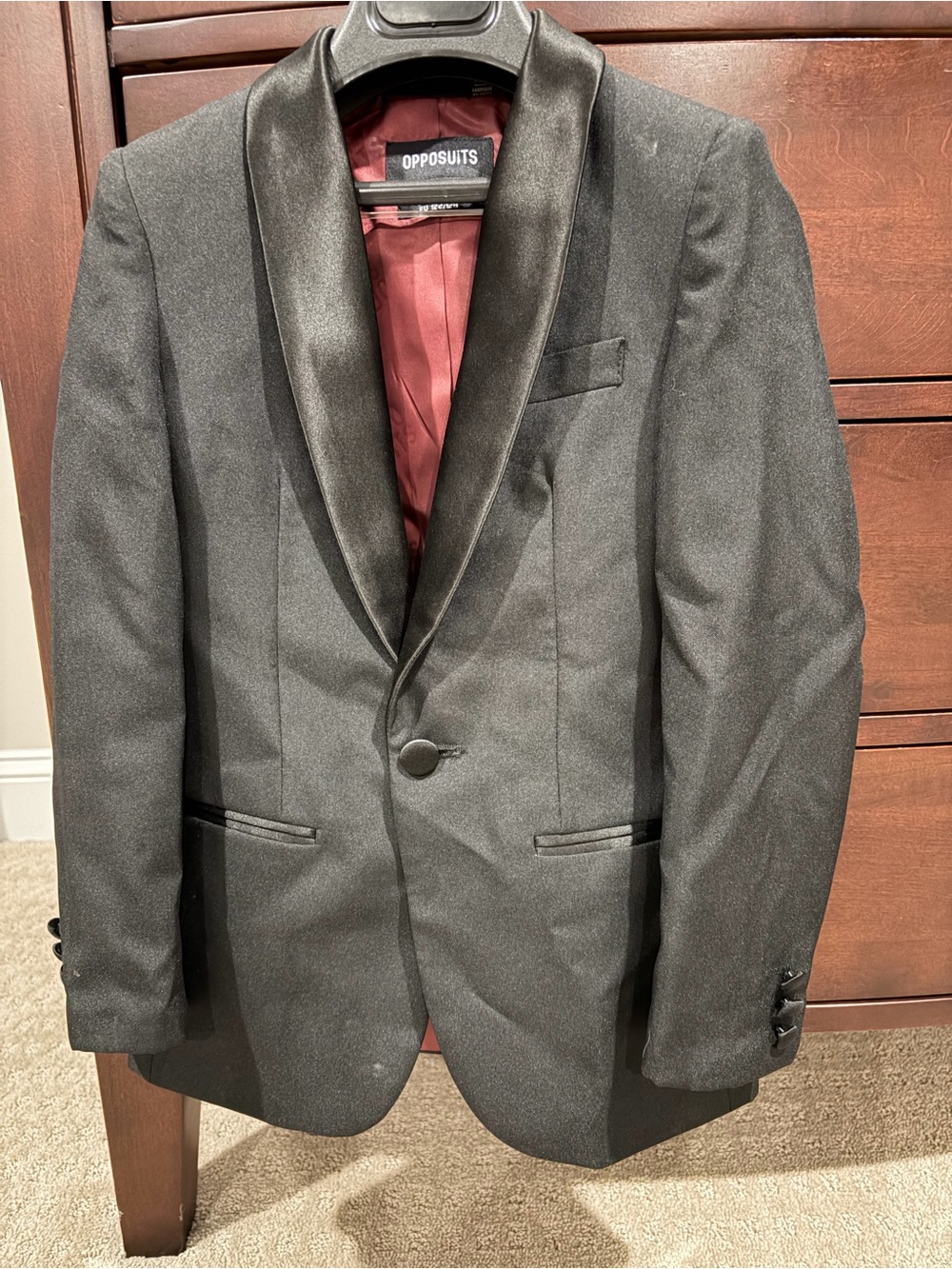 Opposuits - Boys, Black Tuxedo with Satin Shawl Lapel and Burgundy Lining